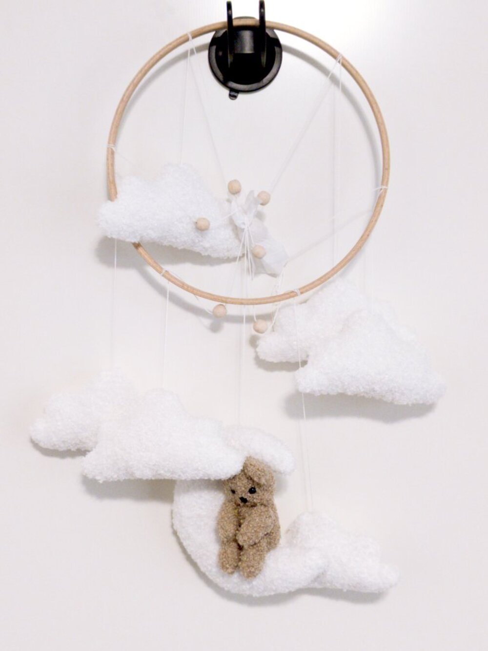 NWT Baby Teddy Bear Cloud Nursery Mobile Neutral Baby Shower Gift Boucle Wood